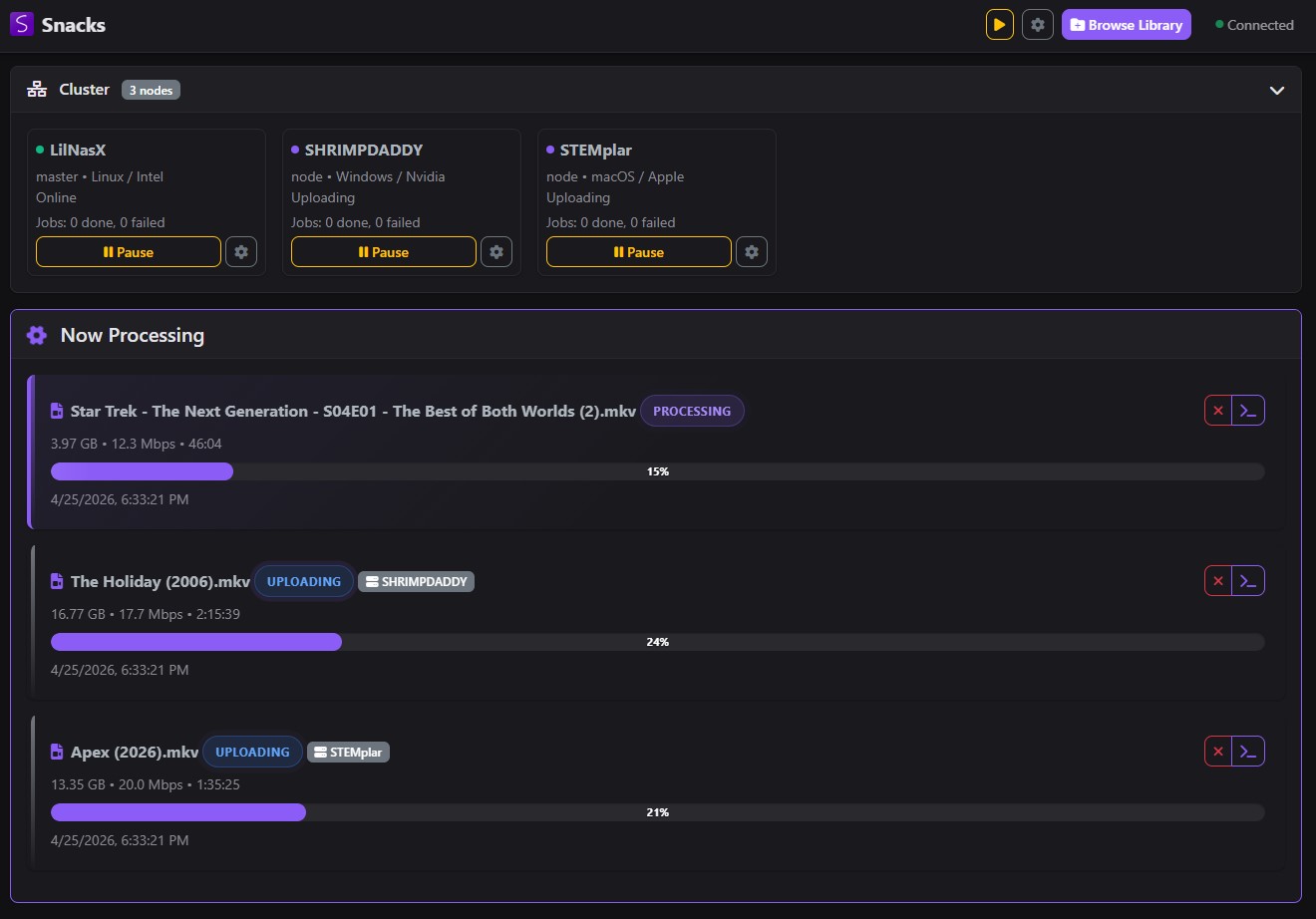 Snacks web interface showing encoding progress