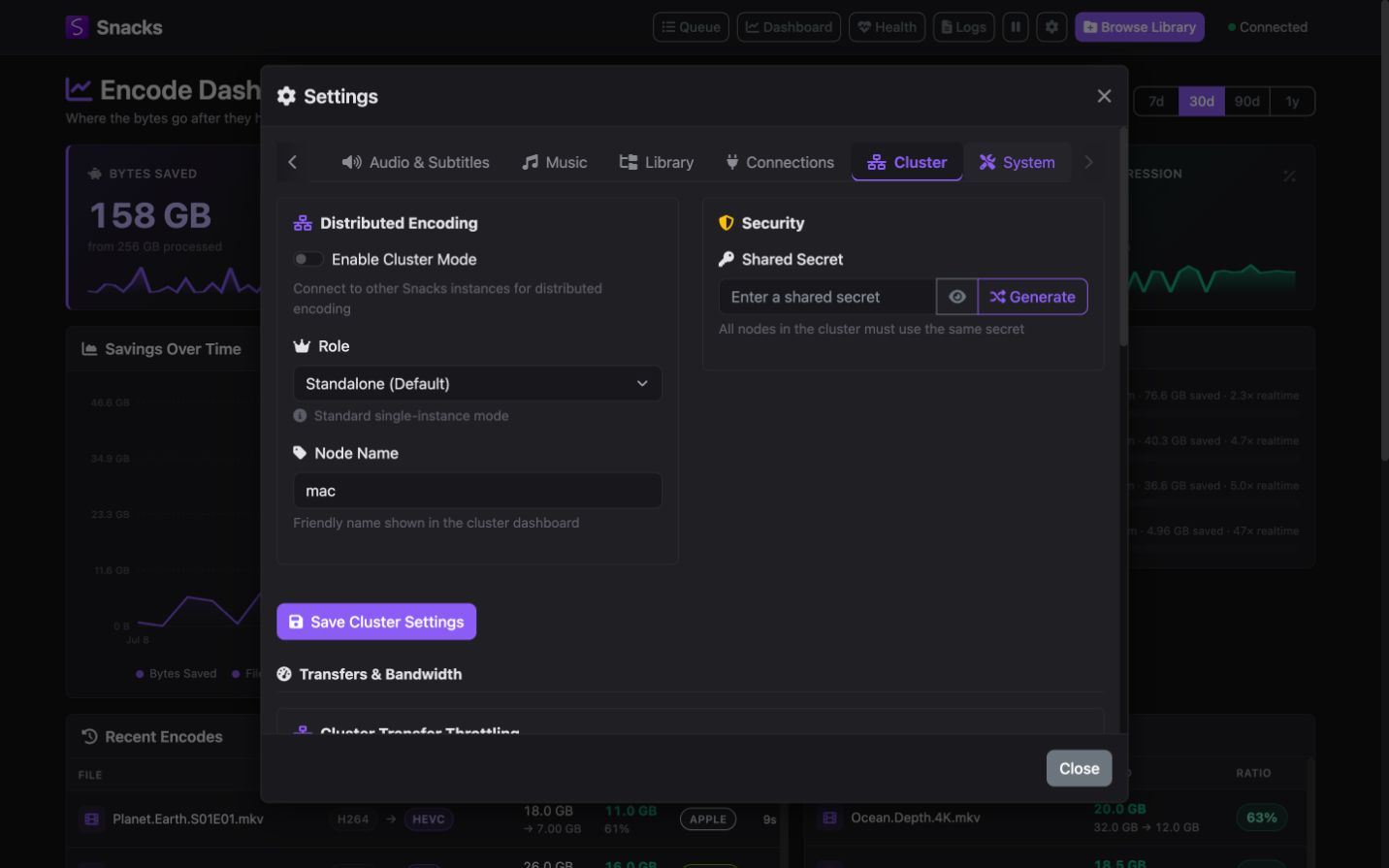 Snacks cluster settings with roles, shared secret, transfer throttling, and shared storage controls