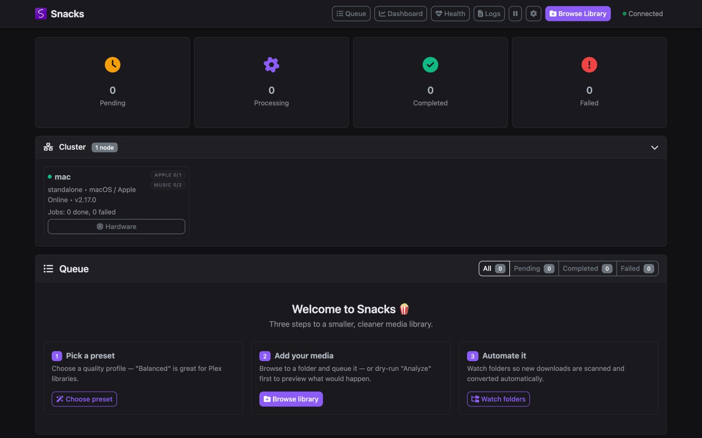 Snacks queue screen with hardware status and guided first-run steps